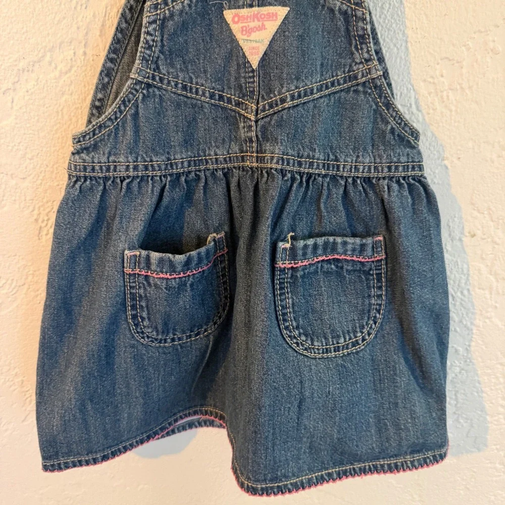 OshKosh B'gosh Girls Blue Denim Floral Embroidered Overall Dress Jumper Toddler2